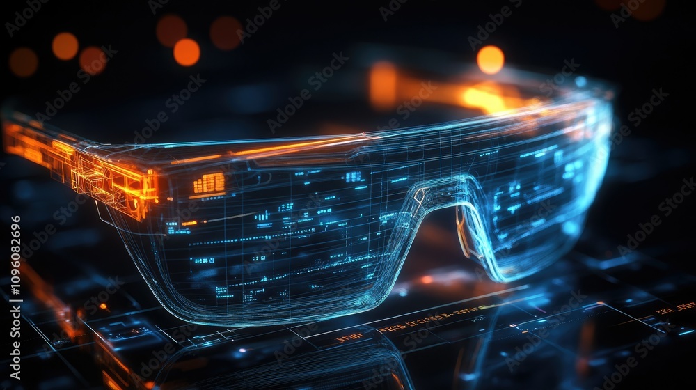 Poster A high-tech transparent smart glass interface showcasing glowing data and dynamic wireframe polygons, illustrating the next generation of computing and augmented reality