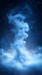 Smooth blue smoke gently swirling in front of a night blue starry sky for smartphone wallpaper