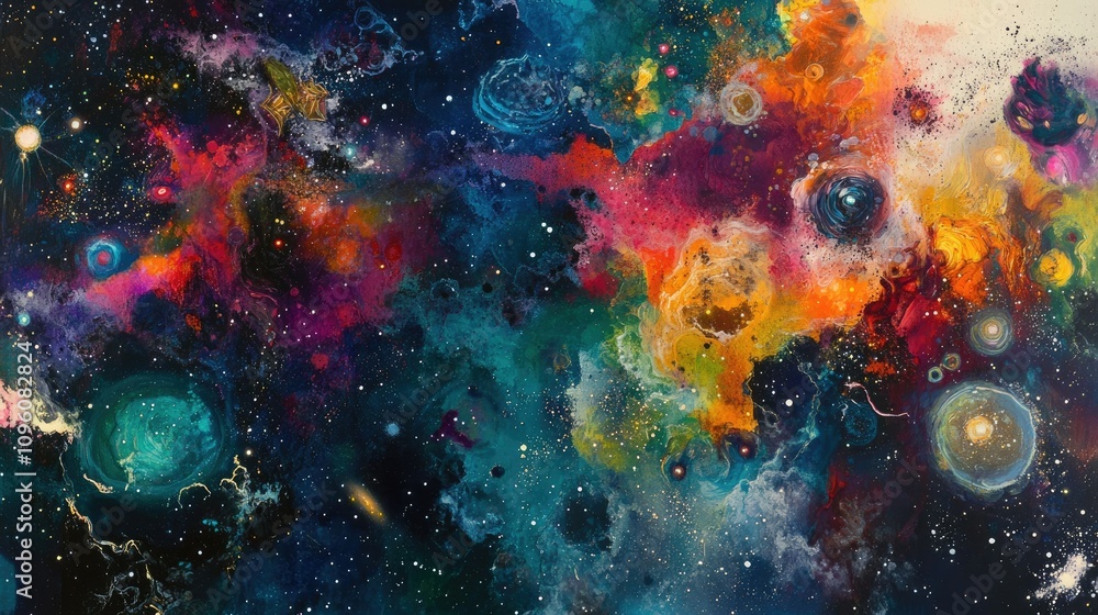 Poster a mesmerizing cosmic landscape of colorful nebulae, shining stars, and distant galaxies, creating an