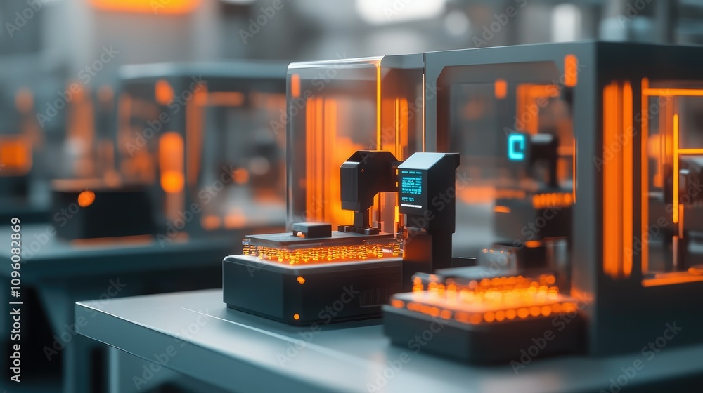 Poster A modern production line with 3D printed components, featuring AI-controlled quality checks and automated logistics, representing the future of smart manufacturing