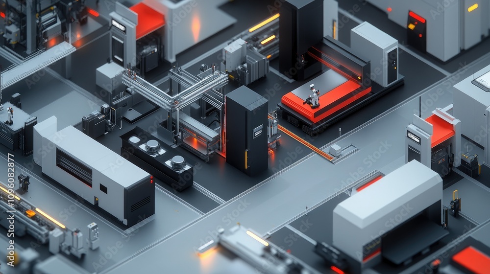 Poster A modern production line with 3D printed components, featuring AI-controlled quality checks and automated logistics, representing the future of smart manufacturing