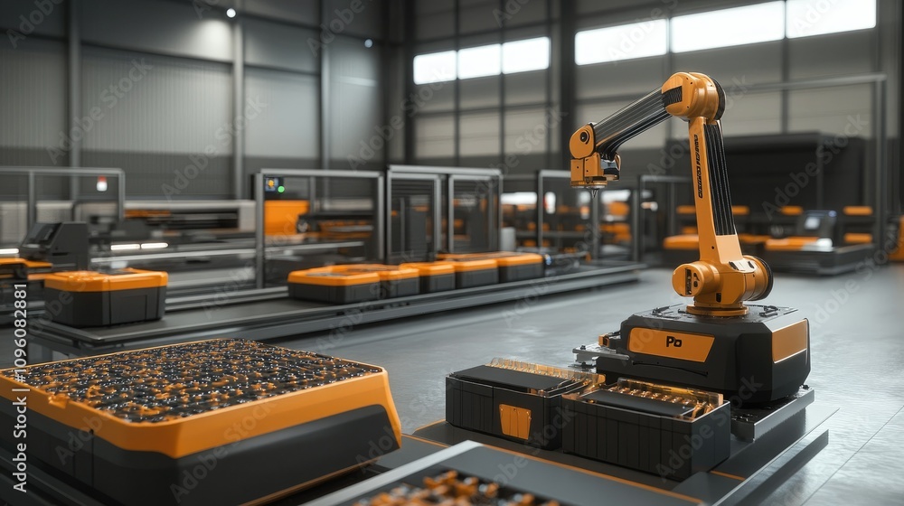 Poster A modern production line with 3D printed components, featuring AI-controlled quality checks and automated logistics, representing the future of smart manufacturing