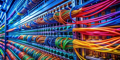 Close-Up of Colorful Network Cables Interconnected with a Server in a High-Tech Data Center, Showcasing the Intricate Details of Modern Digital Infrastructure and Connectivity