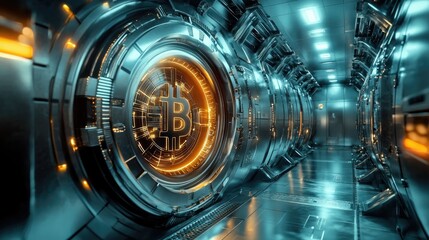 A sleek, futuristic cryptocurrency vault with cutting-edge security systems, metallic textures, and glowing digital interfaces, set in a high-tech, sci-fi inspired environment