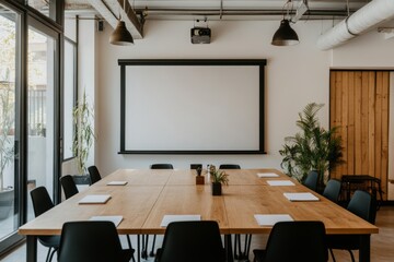 White mockup of a blank white presentation screen in the meeting room.