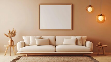 Beige couch in minimalist living room with blank frame, pampas grass, and pendant lights.