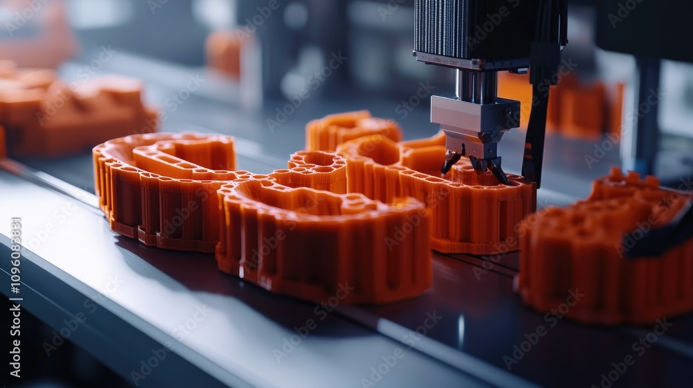 Poster Advanced 3D printed components on a smart manufacturing line, with AI quality control and innovative logistics solutions, showcasing modern production techniques