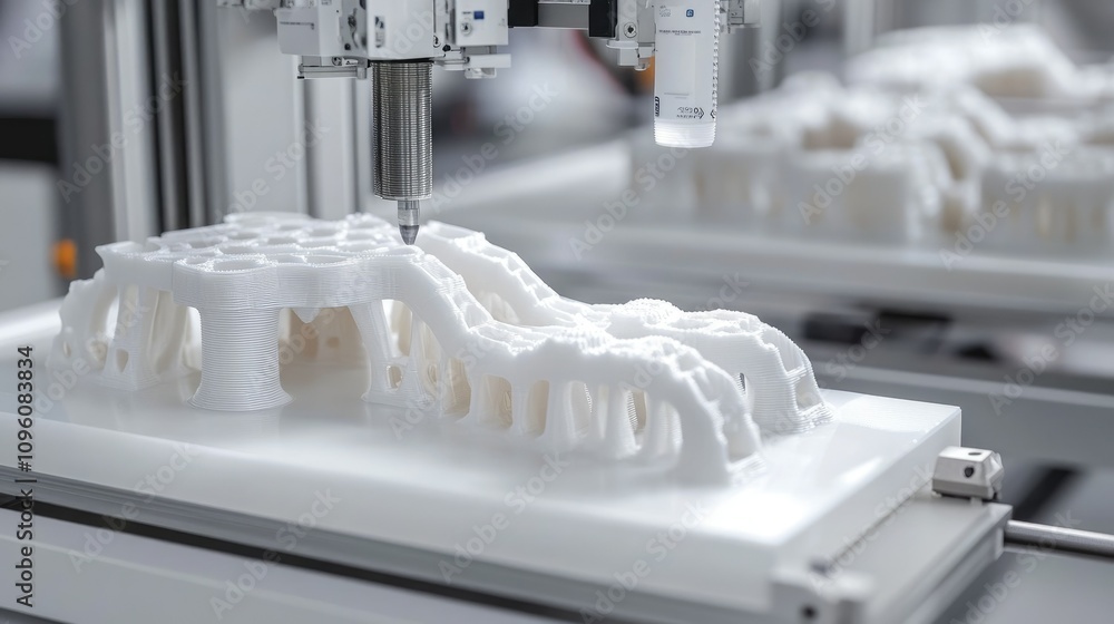 Poster Advanced 3D printed components on a smart manufacturing line, with AI quality control and innovative logistics solutions, showcasing modern production techniques