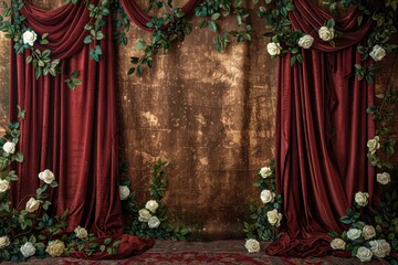 Spanish Colonial style warm gold professional photography studio backdrop with a matte finish, deep red brocade curtains, complemented by clusters of white roses and trailing ivy
