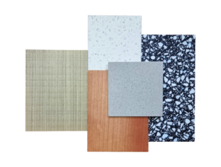 interior material samples mood and tone board contains ash and oak wooden veneer, artificial stone, marble terrazzo stone isolated on background with clipping path. combination of finishing material. 