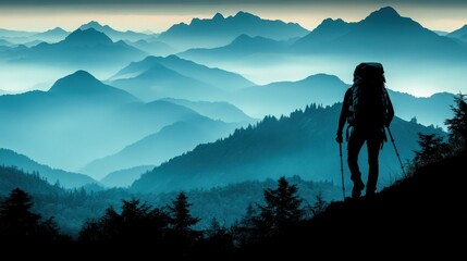 Adventurous Hiker Silhouetted Against Majestic Blue Mountain Range at Dusk, Exploring Nature and Embracing the Journey Through Wilderness Trails