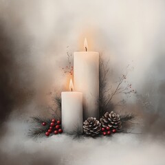 Warm candlelight illuminating a cozy room, adorned with pinecones and red berries, creating a serene holiday ambiance in watercolor elegance
