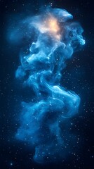 Smooth blue smoke gently swirling in front of a night blue starry sky for smartphone wallpaper