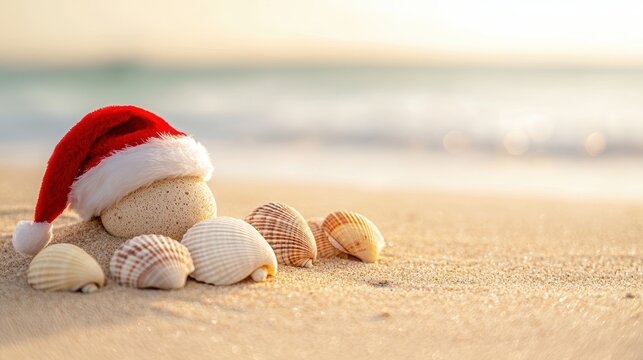 A festive beach scene featuring a sand figure wearing a Santa hat, surrounded by seashells, capturing a unique holiday vibe.