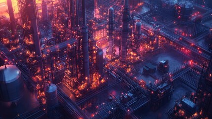 Obraz premium Aerial view of an industrial refinery complex illuminated at dusk, with towering structures, interconnected pipelines, and a twilight sky creating a stunning industrial scene
