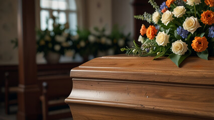 Elegant Wooden Casket with Floral Arrangement in a Funeral Setting
