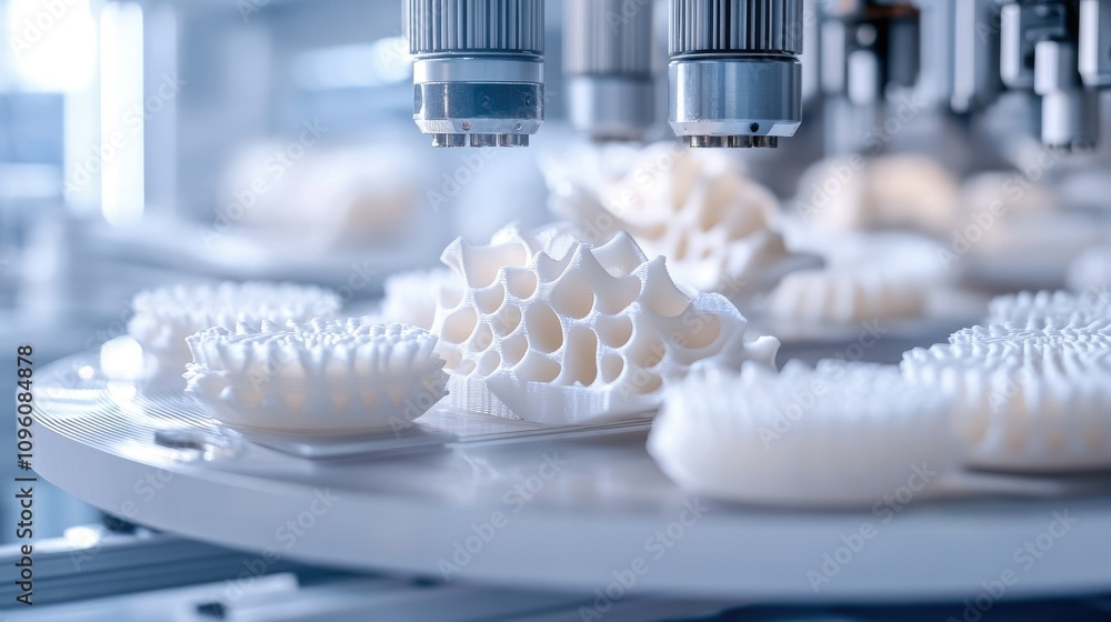 Poster Close-up of 3D printed components on a high-tech manufacturing line, with AI quality control and futuristic logistics technology in action