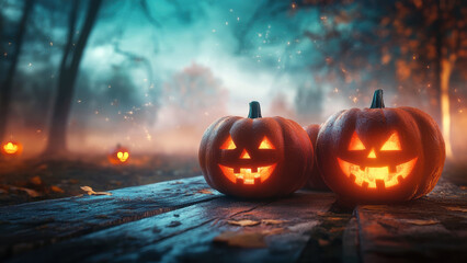 Two carved pumpkins with glowing faces sit on a wooden surface with fallen autumn leaves.