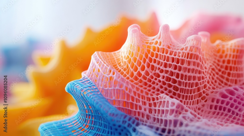 Poster Close-up of an AI-driven 3D printer skillfully layering bright, colorful materials, illustrating the intersection of advanced technology and creative design in action