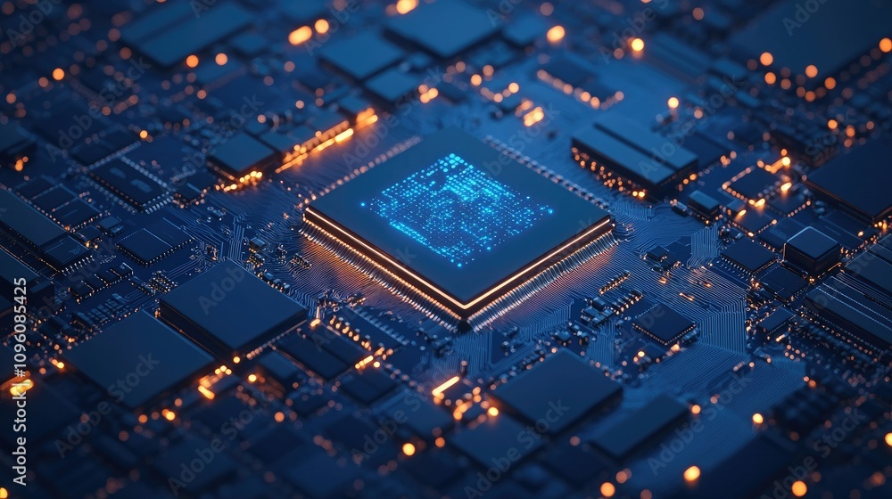 Poster close-up shot of a blue computer circuit board with intricate details, showcasing microchips and dat