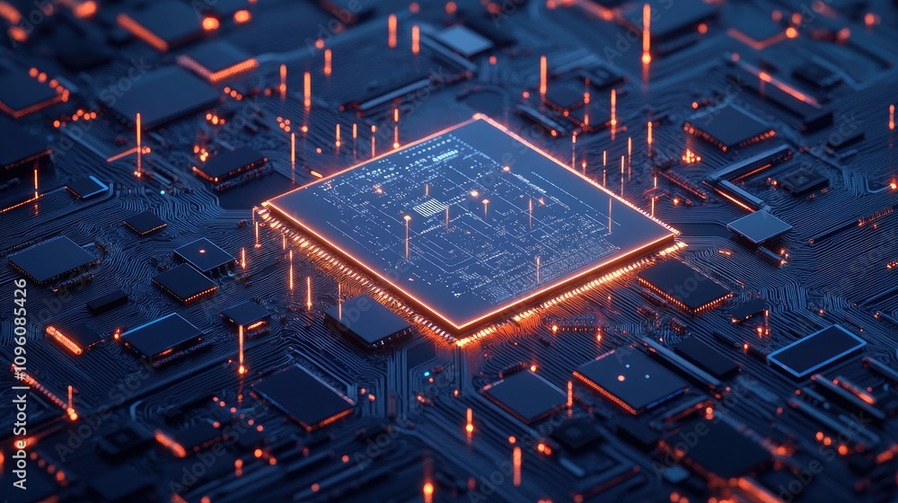 Poster close-up shot of a blue computer circuit board with intricate details, showcasing microchips and dat