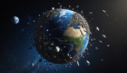 Naklejka premium 3D illustration of a cluster of space debris, junk and satellites surrounding planet Earth. High quality digital space art in 5K - ultra realistic visualization.