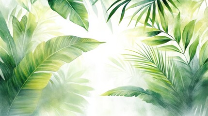 Vibrant Tropical Rainforest, lush green leaves illuminated by sunlight, evoking the serene beauty of a rainforest in watercolor style