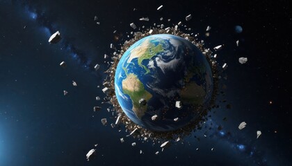 Obraz premium 3D illustration of a cluster of space debris, junk and satellites surrounding planet Earth. High quality digital space art in 5K - ultra realistic visualization.