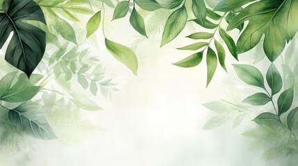 Vibrant Tropical Rainforest, lush green leaves illuminated by sunlight, evoking the essence of a serene rainforest in watercolor style