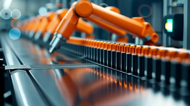 Close-up of an industrial robot arm working on a production line, showcasing advanced technology and automation in manufacturing.