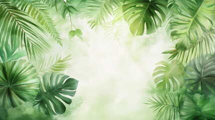 Vibrant Tropical Leaves, Lush greens illuminated by sunlight, embodying the essence of a rainforest in a captivating watercolor style