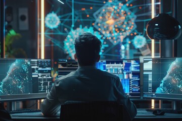 Obraz premium Male engineer creates neural network displays big data simulation.