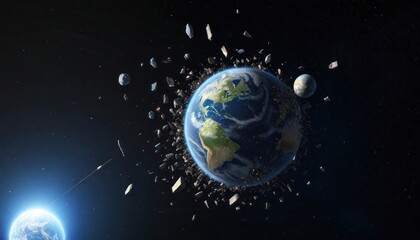 Obraz premium 3D illustration of a cluster of space debris, junk and satellites surrounding planet Earth. High quality digital space art in 5K - ultra realistic visualization.