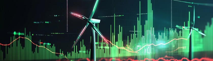Stock market graphs reflecting renewable energy performance, green and red tones blending for artistic depth, magazine photography