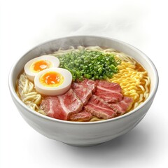 Fototapeta premium A steaming bowl of ramen with sliced meat, soft-boiled eggs, and green onions.