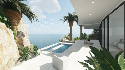 Concept design of a luxury house, with clean white and color contrasts, featuring modern architecture and high-end finishes in a contemporary layout