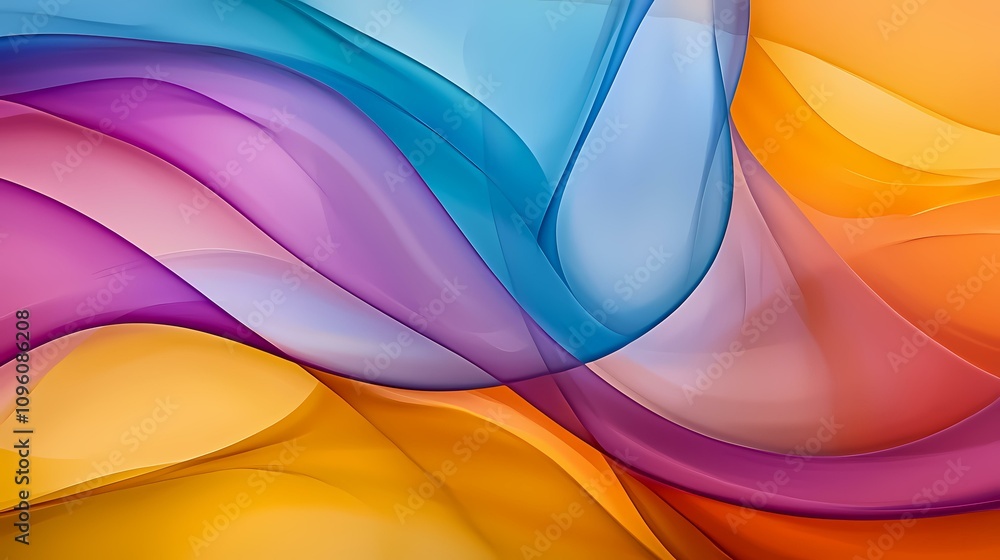 Poster the image contains abstract, flowing forms in shades of blue, purple, and orange. the colors blend s
