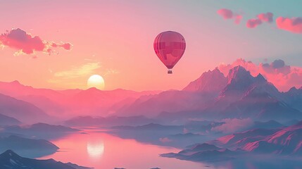 Fototapeta premium Hot Air Balloon at Sunrise Over Serene Lake and Mountains, Featuring Pastel Sky and Dreamy Scenic Landscape for Travel Inspiration ,Peaceful Travel Adventure ,Aerial Travel Photography