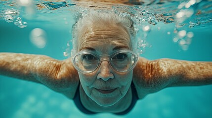 Fototapeta premium Senior Woman Swimming Underwater Wearing Glasses