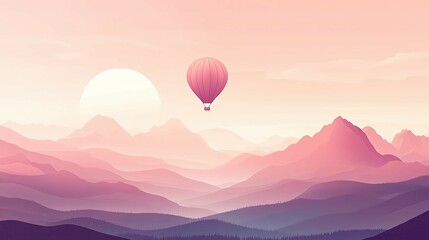 Obraz premium Hot Air Balloon at Sunrise Over Serene Lake and Mountains, Featuring Pastel Sky and Dreamy Scenic Landscape for Travel Inspiration ,Peaceful Travel Adventure ,Aerial Travel Photography
