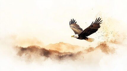 Eagle in Flight at Dawn, majestic eagle soaring above misty mountains, golden light illuminating the serene landscape in watercolor style