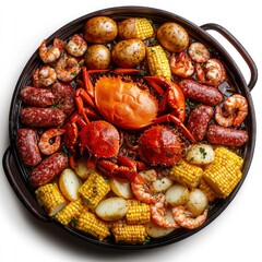 A seafood feast featuring shrimp, crab, sausage, potatoes, and corn in a large serving platter.