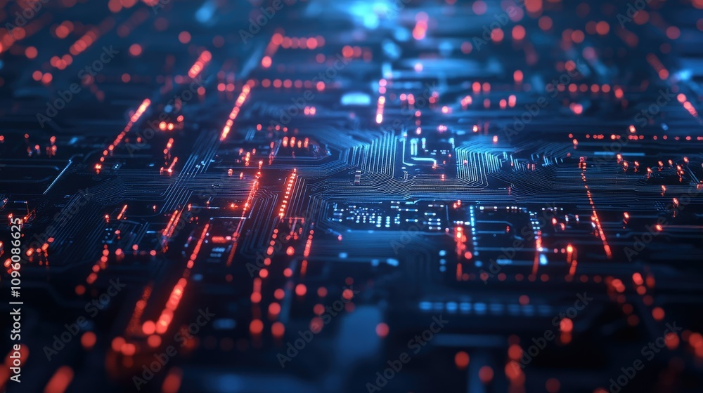Poster detailed close-up of a blue circuit board filled with tiny microchips, transistors, and data pathway