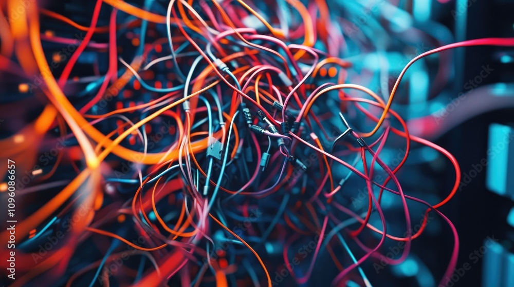 Poster detailed close-up of complex server wiring chaos, with a disorganized tangle of cables and wires in 