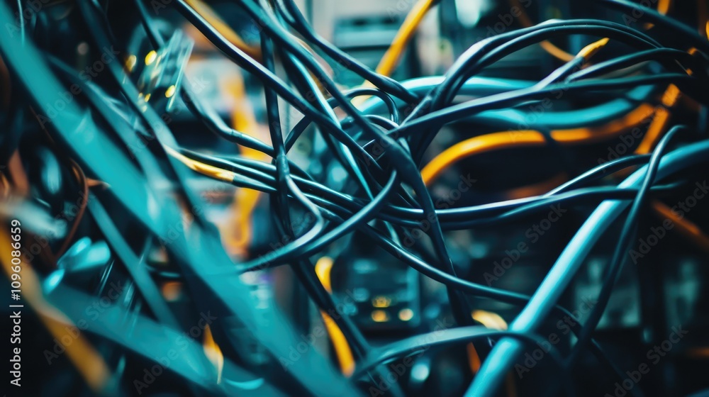 Aufkleber detailed close-up of complex server wiring chaos, with a disorganized tangle of cables and wires in 