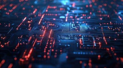Obraz premium Detailed close-up of a blue circuit board filled with tiny microchips, transistors, and data pathways, illustrating the complexity of modern technology