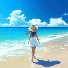 Obraz premium Walking along the shore in a white dress and sunhat on a sunny beach day