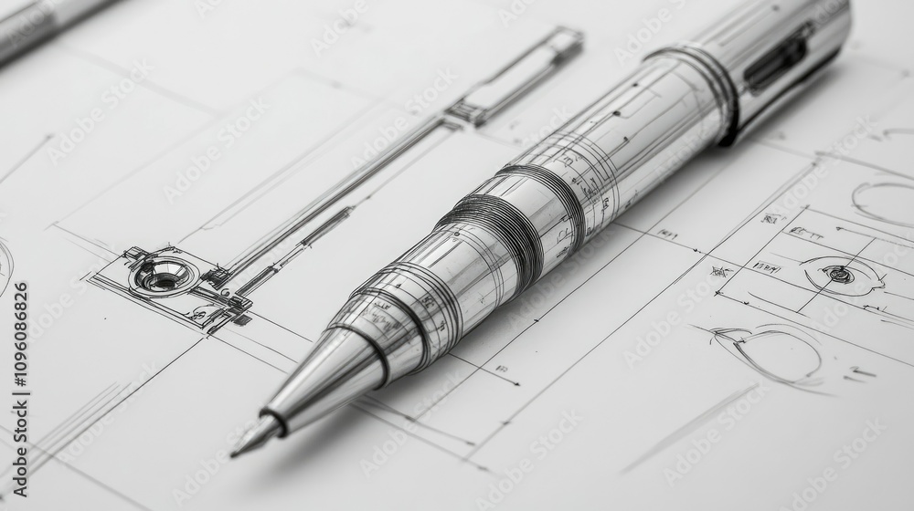 Aufkleber detailed technical drawing of a pen, showcasing its design, structure, and mechanical components, wi