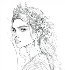 Fototapeta premium Portrait of a young woman adorned with roses and a crown, showcasing elegance and beauty in intricate line art style
