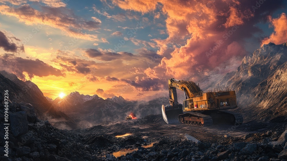Poster excavator in a rugged mountain mining environment, operating at sunrise with dramatic clouds and vib